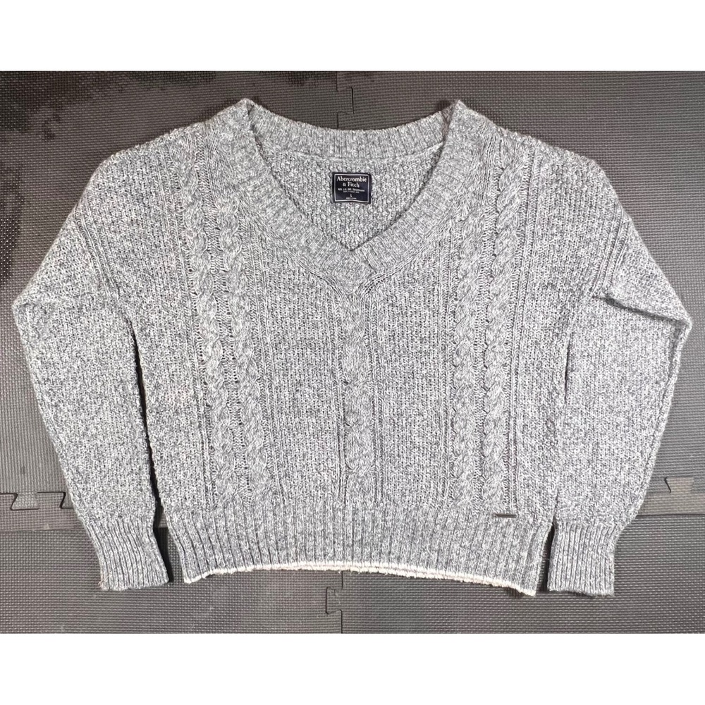 Abercrombie & Fitch Cable Knit V-Neck Sweater S Grey Cotton Blend Preppy Y2K‎